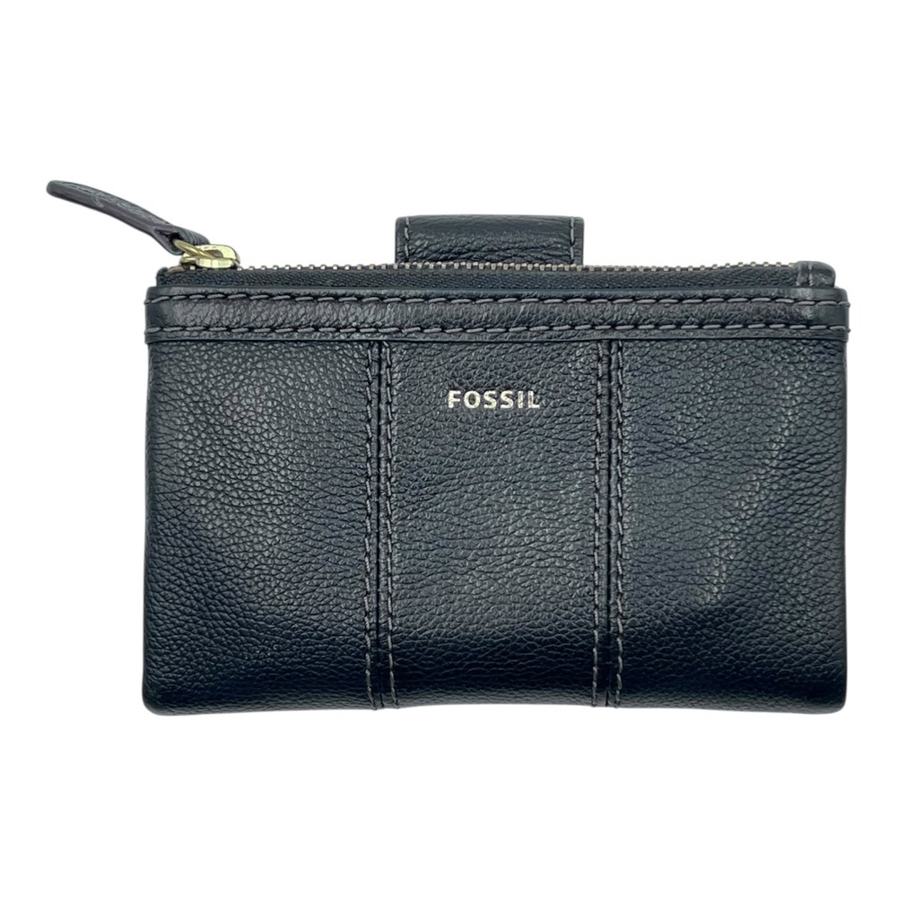Fossil Ella Black Pebbled Leather Bifold Wallet Zip-Top Clutch Minimalist